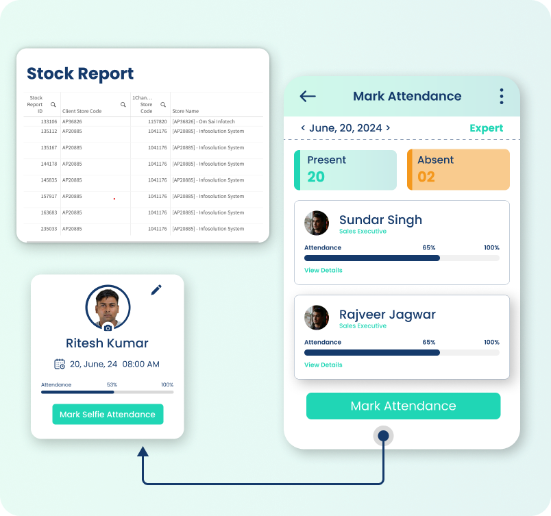 Field operations app with stock reports and selfie-based attendance marking