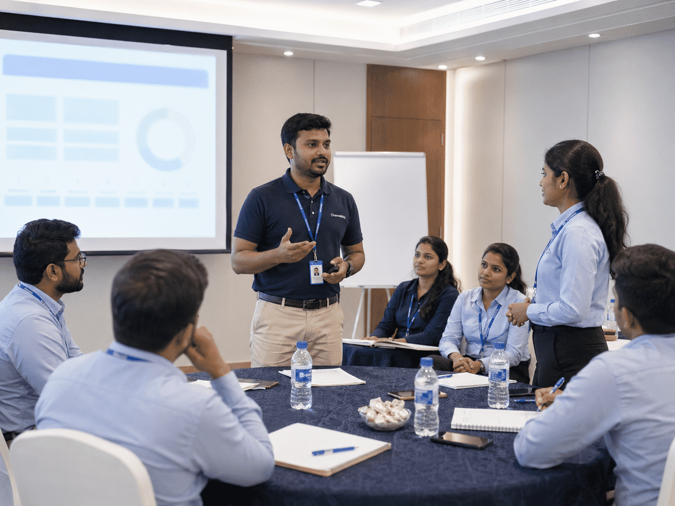 Capvalis trainer facilitating a classroom role-play session for sales trainees