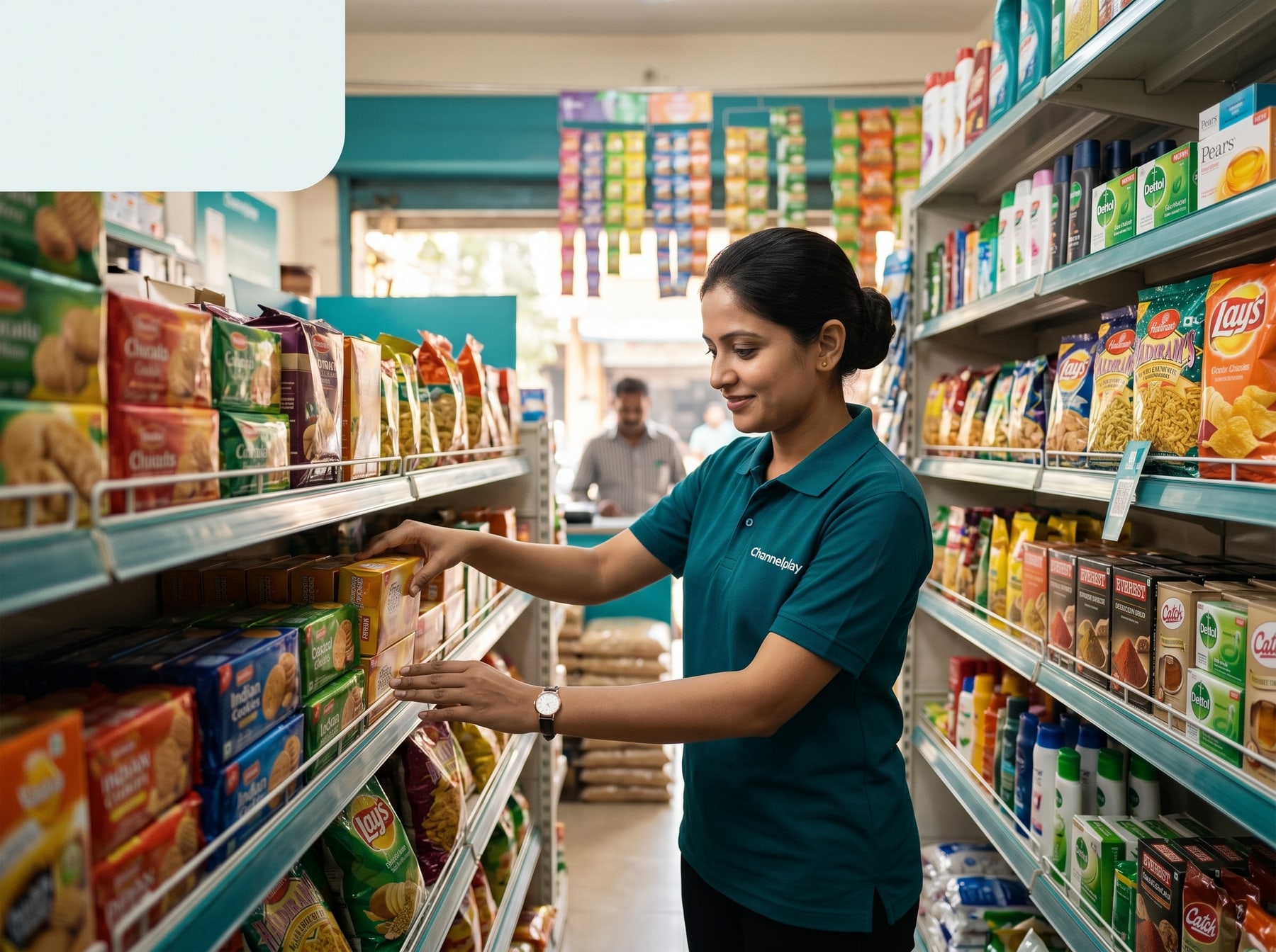 Capvalis merchandiser arranging products in a general trade store