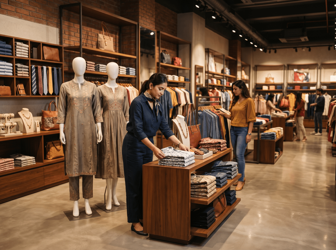 Apparel and accessories retail environment with coordinated visual merchandising